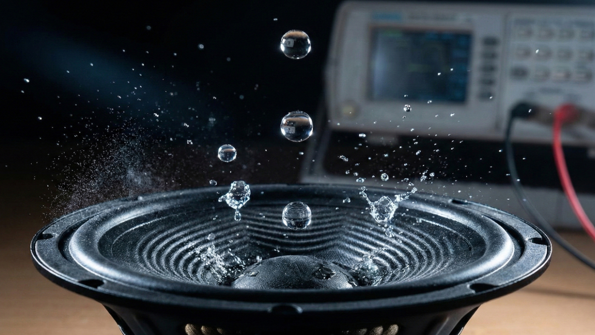 Cymatics showing water droplets shattering under high frequency 165Hz acoustic vibration
