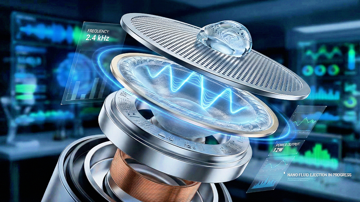 Scientific diagram illustrating acoustic resonance and cymatic displacement breaking water surface tension inside a phone speaker