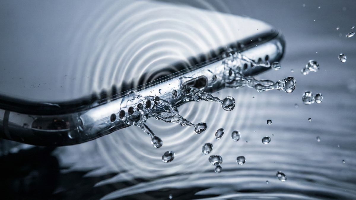 Diagram showing acoustic sound waves ejecting water droplets from a smartphone speaker grill