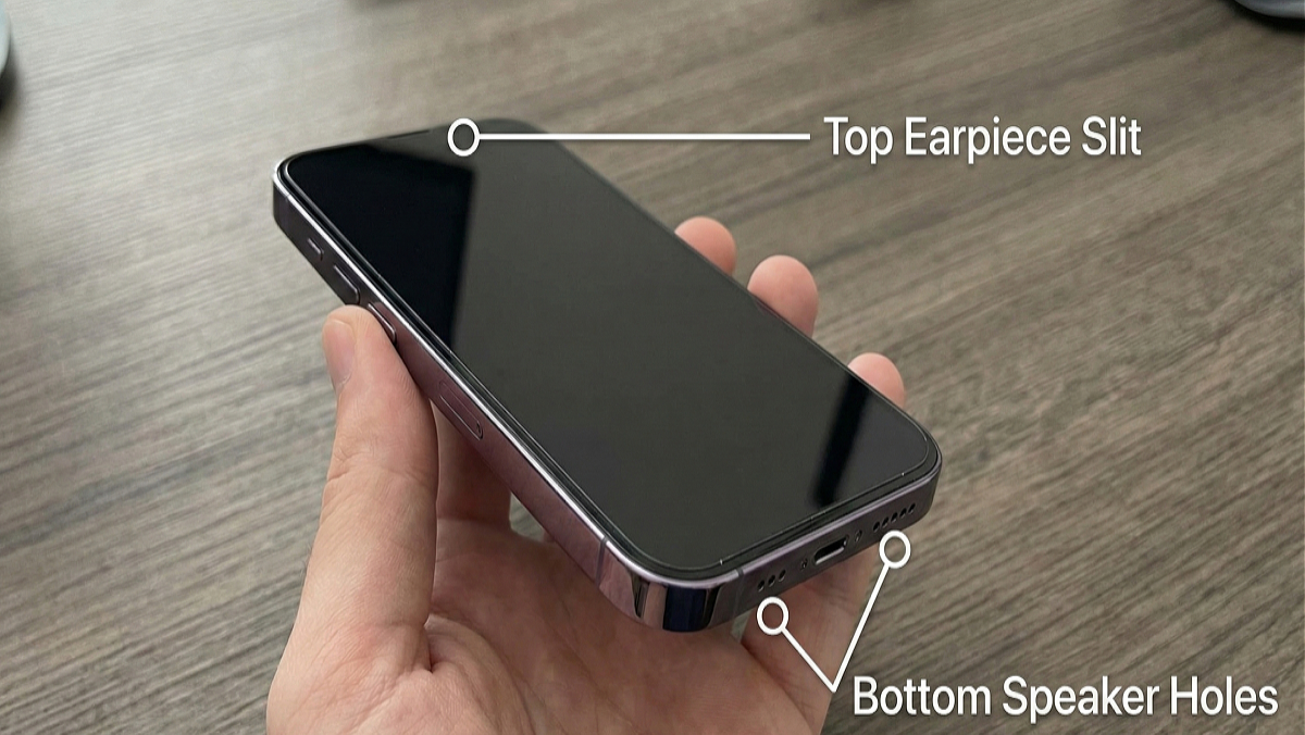 Diagram showing iPhone internal bottom speaker and top earpiece mesh locations