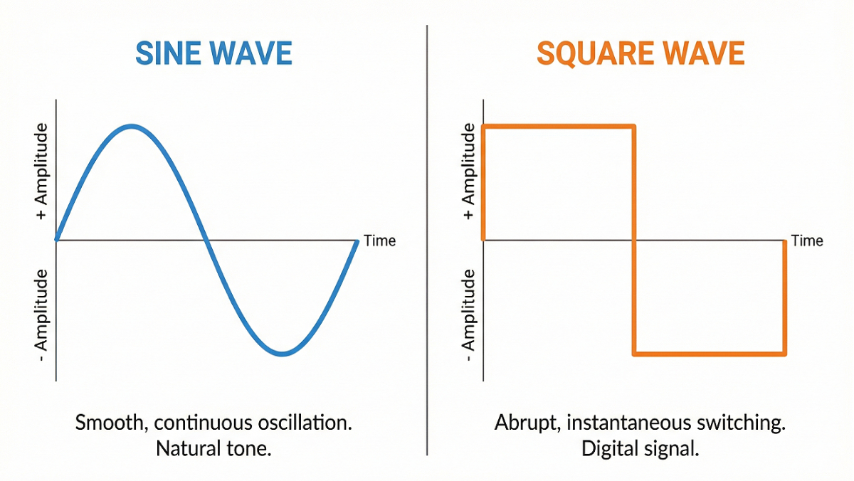 Visual comparison of a smooth sine wave versus a sharp square wave for acoustic speaker cleaning