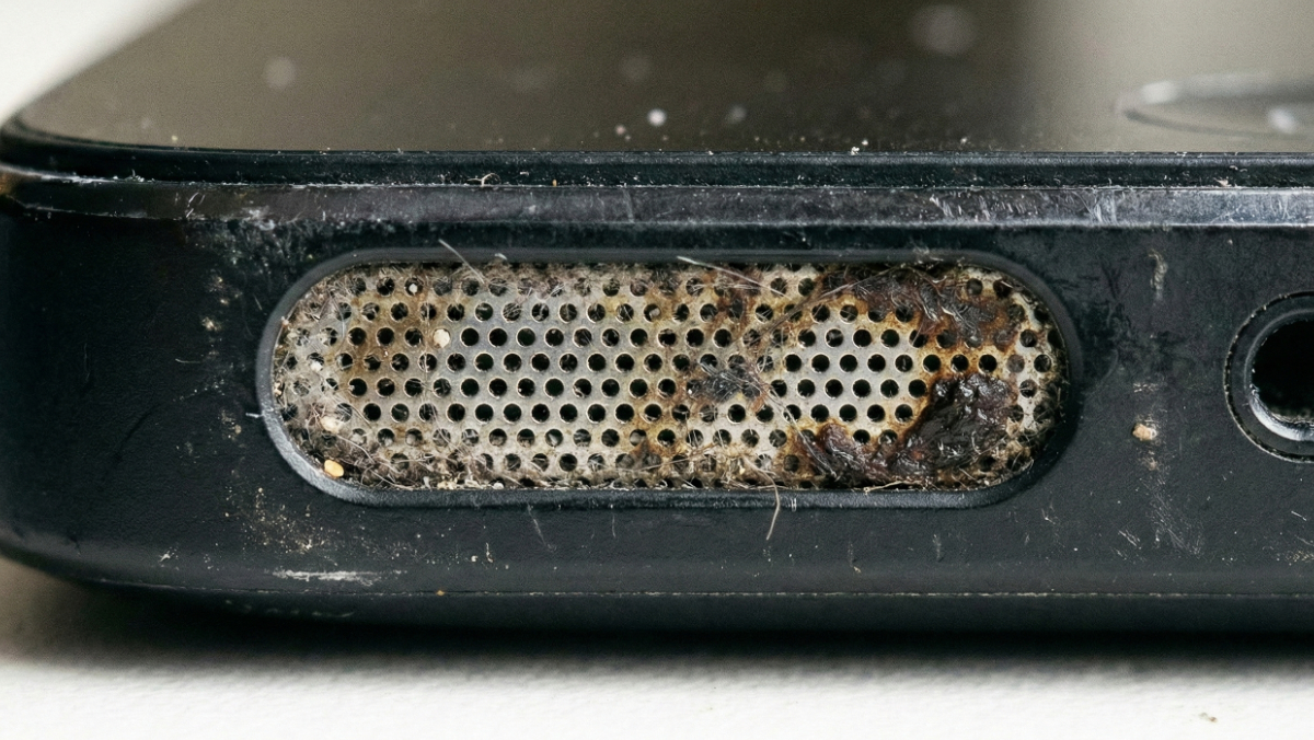 Smartphone internal acoustic hardware showing speaker mesh degradation from dust and water