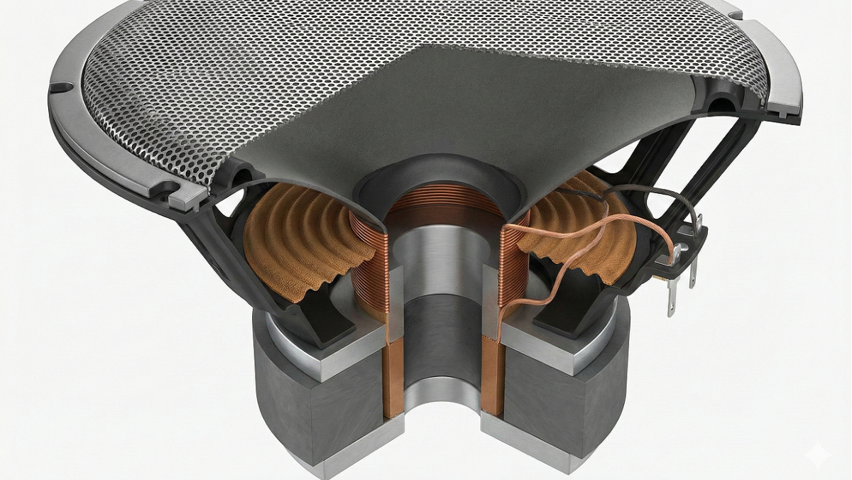 Cross section of a smartphone speaker showing the voice coil, diaphragm, and protective mesh grill