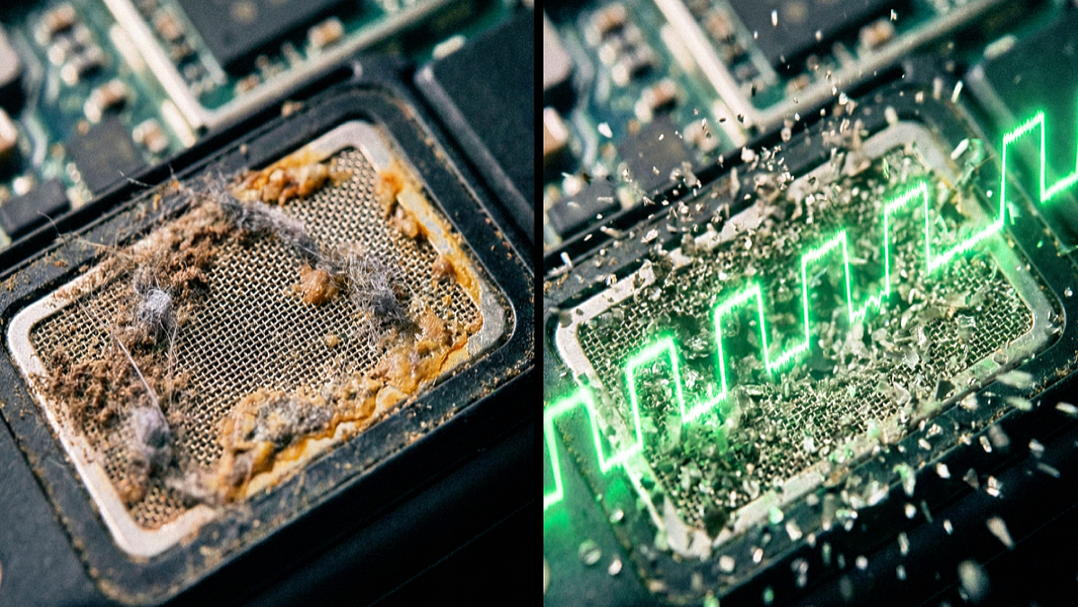 Microscopic comparison of a clean speaker mesh versus one clogged with dust crust being shattered by a 60Hz square wave