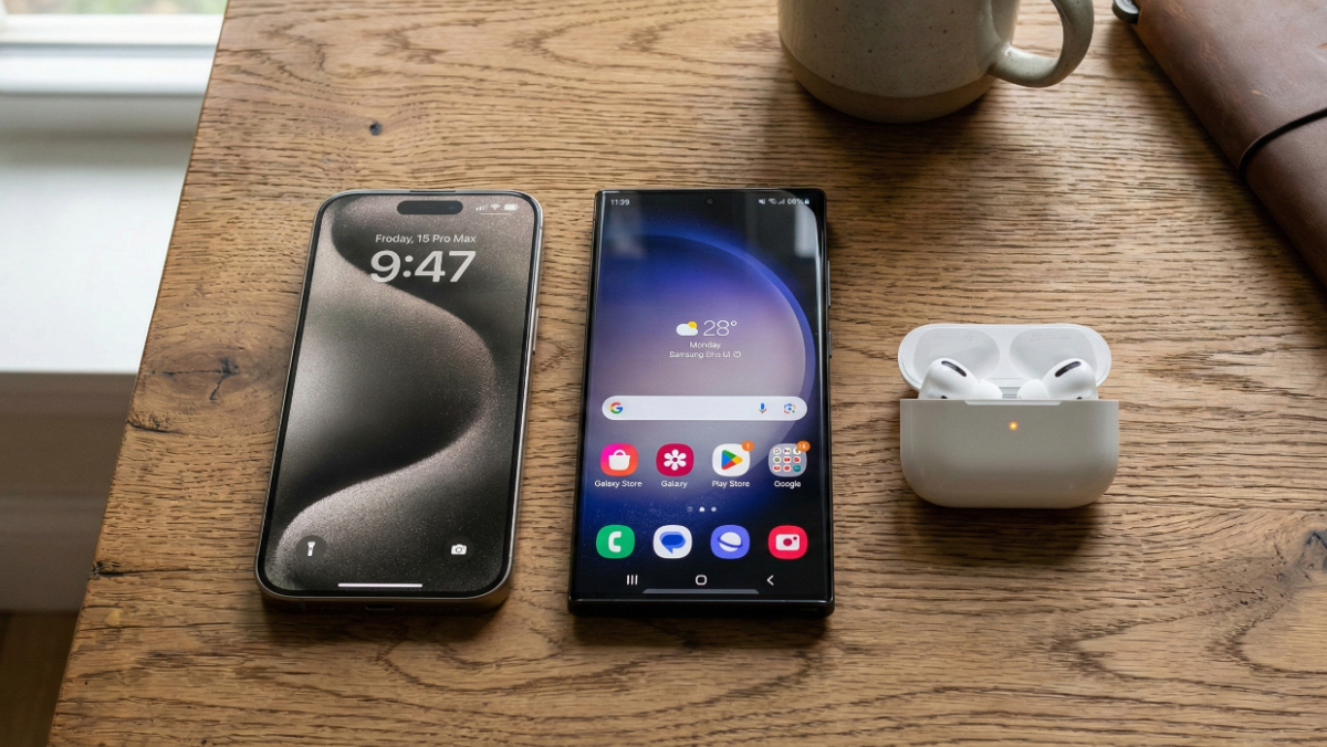 Apple iPhone, Samsung Galaxy, and AirPods showing compatibility with Phone Speaker Cleaner