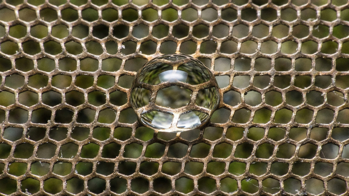 Microscopic view of water surface tension trapping liquid inside a phone speaker grill